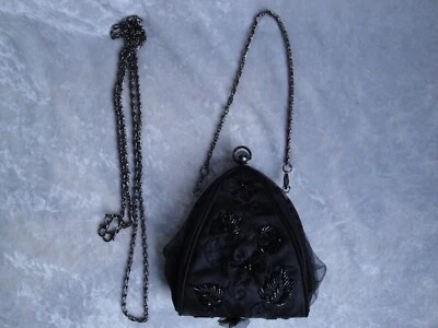 Carlo Fellini Black Satin Evening Bag W/ Beading, Accents, Two Chain Straps - Image 1 of 4
