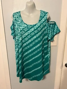 NWT JM Collection Amalfi Blue CB Geo SS Cold Shoulder Top/Tee Plus Size 2X - Picture 1 of 4