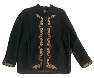 Icelandic Design Sweater BLACK Boiled WOOL Floral Embroidered ZIP Jacket SZ M - Picture 1 of 12