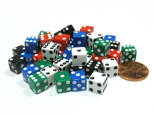Pack of 50 8mm D6 Small Square-Edge Dice, 10 of Each: Red White Blue Green Black - Picture 1 of 2