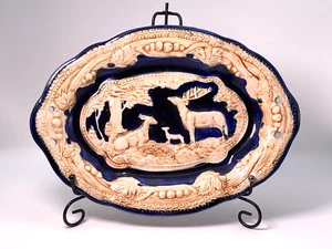 Antique Ceramic Plate Wall Hanging Indigo Blue Deer Family Design circa XIX - Picture 1 of 10