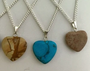 Jasper or Howlite Heart Pendant Necklaces on 16" Silver Plated Chains - Picture 1 of 6