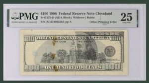 US 1996 $100 Green Withrow Rubin Note Cleveland Offset Printing Error PMG 25 VF - Picture 1 of 5