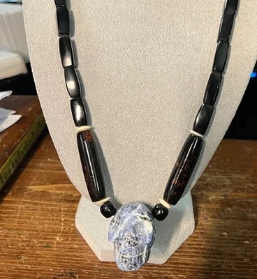 The Blue Skull Pendant, Sodalite Azul, Mahagany and Black Obsidian, Aztec (#18) - Image 1 of 3