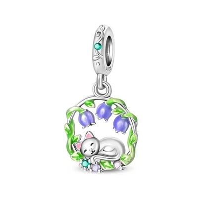 Sleeping Cat Purple Flowers Dangle Charm Fit Pandor Bracelet Necklace - Image 1 of 4