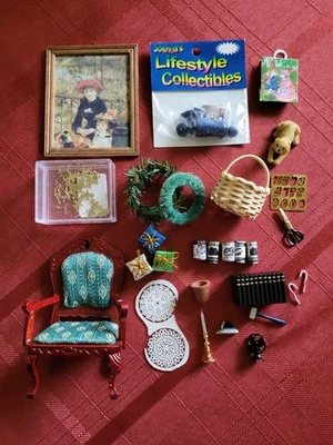 Dollhouse Miniature Accessory Bundle Chair Doily Books Basket Frame - Image 1 of 4