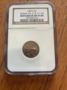 1980-P Jefferson 5C Struck on 1C 3.1 GR Mint Error MS64 RB - Picture 1 of 2