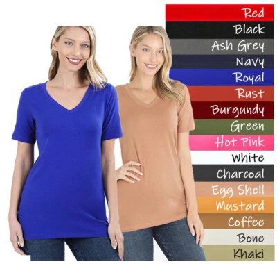 Zenana Plain Short Sleeve T Shirt V-Neck Top Stretch Cotton Tee Women Loose Fit - Image 1 of 4