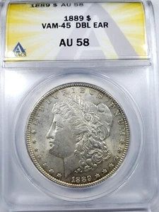 1889 AU 58 Morgan silver dollar - ANACS - VAM - 45 DBL EAR - - Picture 1 of 5