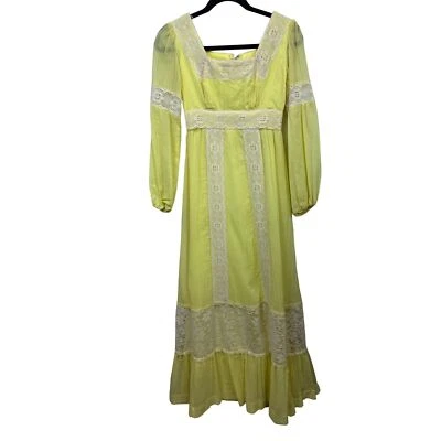 Maxi Vestido Boho Vintage Años 70 Amarillo Punto Suizo Pradera Bordado Cuello Talla XS Foto 1 de 4