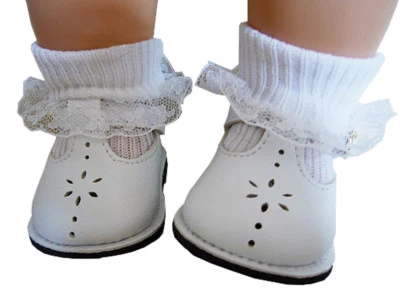白色T字带鞋花边装饰袜适合Bitty Baby + Twins娃娃衣服 — 第 1/4 张图片