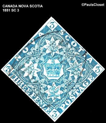 CANADA NOVA SCOTIA 1851 SC 3 CROWN & FLOWERS DARK BLUE 3p USED F/VF - Image 1 of 2