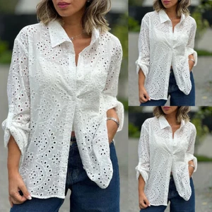 Women Hollow Out Long Sleeve Shirt Ladies Button V Neck Blouse Casual Loose Tops - Picture 1 of 16
