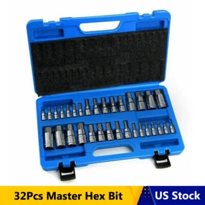 32Pcs Hex Key Master Allen Wrench SAE & Metric Socket Set 1/4" 3/8" 1/2" Drive