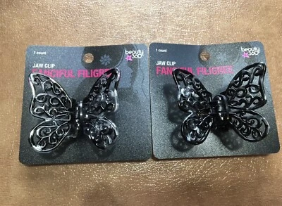 2 NEW cvs Beauty 360 Fanciful Plastic Butterfly Hair Jaw Clip Black Silver Swirl - Image 1 of 4