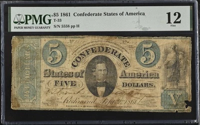 1861 $5 Issues of the Confederate States of America CS-33 PMG 12 - Image 1 of 2