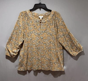 J Jill senfgelb Blumen Schlüsselloch 3/4 Ärmel Top Bluse Größe Medium Relaxed - Bild 1 von 22