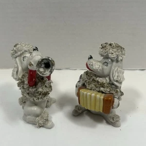 Set Of 2 Sugared Poodle Vintage Figurines Band Horn And Accordion 4” FLAWS - Picture 1 of 8