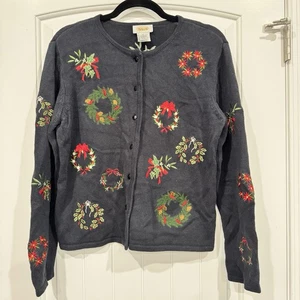 Talbots Damen Medium Holiday Cardigan Pullover bestickt Kränze Weihnachten - Bild 1 von 6