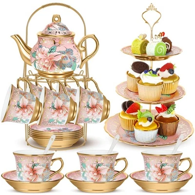 21 peças conjunto de bule de porcelana para festas com suporte de metal e suporte para cupcake cerâmica... - Imagem 1 de 4