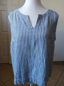 Liz ClaiborneLinen Blend White Navy Striped Sleeveless V-Neck  Shirt Size Small - Picture 1 of 12