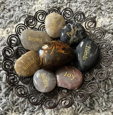7 Hand Painted Inspirational Word Rocks w Decorative Metal Bowl & Bonus Rock - Image 1 of 4