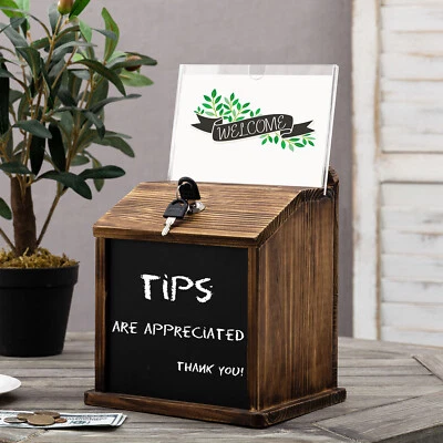 Wood Collection Ballot Box with Lock and Key, Acrylic Sign Holder and Chalkboard - Image 1 of 4