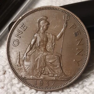 1937 ~ United Kingdom Bronze 1 Penny ~ km#845 , UK Big Coin ~ Dirty coin - Picture 1 of 14