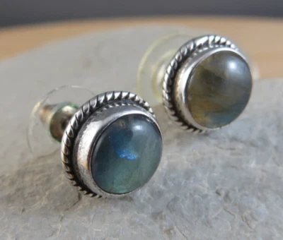 Blue Gray Labradorite Round Cabochon Sterling Silver 925 Stud Post Earrings #543 - Image 1 of 4