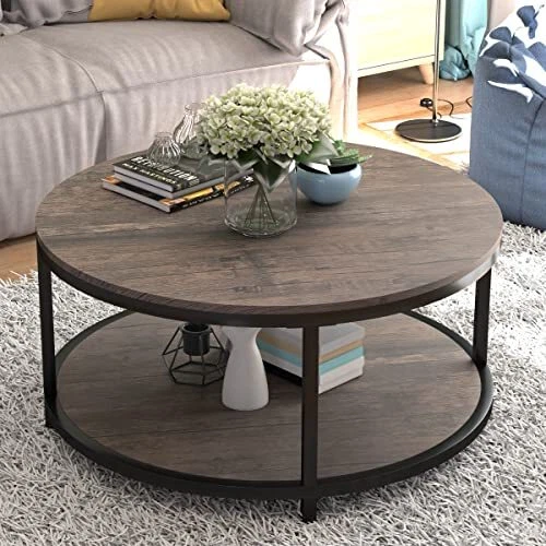 Nsdirect 36 Inches Round Coffee Table Rustic Wooden Surface Top & Sturdy Metal