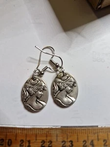 Cameo Lady Face Raised Image Metal Alloy Oval Earrings On S/Steel Hooks - Picture 1 of 3