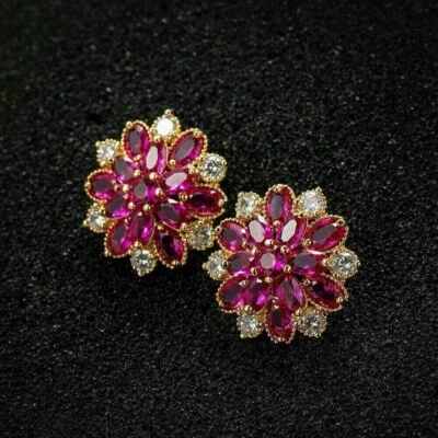 2.20Ct Oval Lab Created Pink Ruby Women's Stud Earrings 14K Yellow Gold Plated - Image 1 of 3