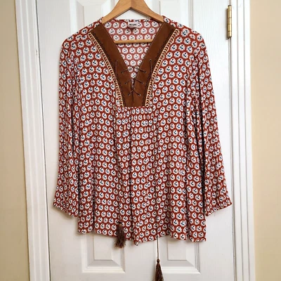 Top Wrangler Mujer Floral Gauzy Imitación Gamuza Borla Rojo Azul Western Boho Talla L Foto 1 de 4