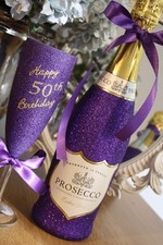 Personalised Glitter PROSECCO with Flute birthday 18th 21st 40th 50th 60th