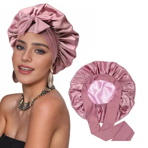Adjustable Straps Silk Satin Sleeping Bonnet Large Tie Band Night Hair Wrap Cap - Picture 1 of 22