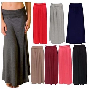 WOMEN'S LADIES TURN UP WAIST LONG PLAIN JERSEY FLARED MAXI SKIRT PLUS SIZE 8-26 - Picture 1 of 9