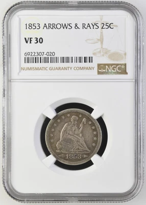 1853 NGC VF30 Liberty Seated Quarter 25c - Arrows & Rays - Image 1 of 2