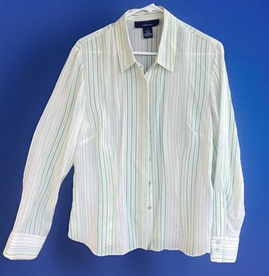 Blusa Jones Wear 100 % seda, rayas blancas/verdes manga larga, talla 14 Foto 1 de 4