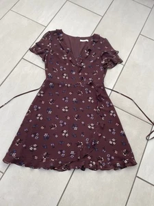 OASIS. SIZE 10. LOVELY CHOCOLATE BROWN FLORAL, FALSE WRAP, A-LINE DRESS. - Picture 1 of 20