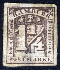 HAMBURG Germany Alt Deutschland 1864 1¼ Sch. Deep Lilac IMPERFORATE SG 11 FU - Picture 1 of 2
