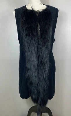 Ruby Rd Women's Black Long Cardigan Sweater Knit Vest w/ Faux Fur Size Large NWT - Image 1 of 4