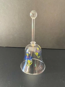 Vintage Clear Glass Hand Bell with Hand Painted Colorful Flowers 6" Tall  - Picture 1 of 4