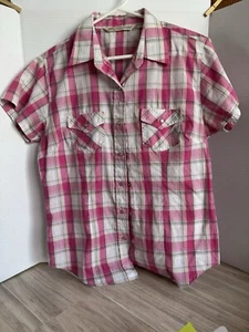 Cumberland Outfitters Western Short Sleeve Wm Sz M Pearl Snap Pink Plaid Shirt - Picture 1 of 6