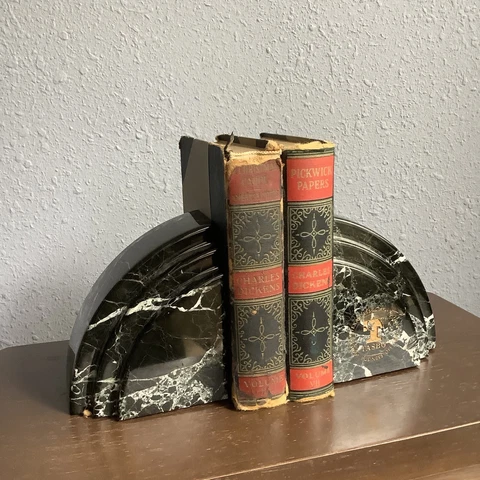 Vintage Solid Black Swirls Marble Paperweights Bookends Leeman Designs inscribed Cover