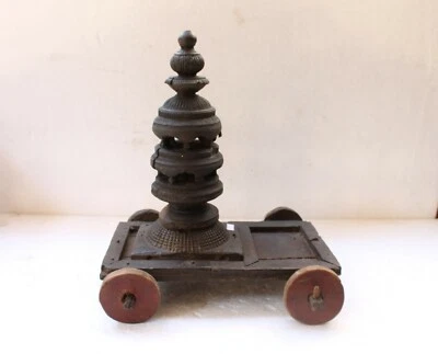 Antiguo Original Hindú Sagrado Madera Pequeño Santuario Tumba Sobre Rueda NH4792 Foto 1 de 4