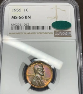 1956 Lincoln Cent MS66BN NGC CAC Dual Sided Toning Top Pop CAC only 1 Finer! - Picture 1 of 6