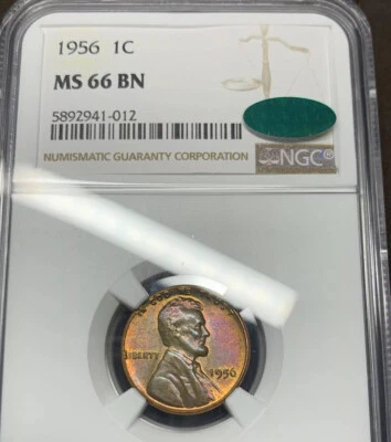 1956 Lincoln Cent MS66BN NGC CAC Dual Sided Toning Top Pop CAC only 1 Finer! - Image 1 of 4