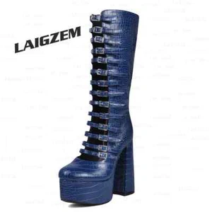 Women Calf/Knee High Boots Side Zip Crocodile Print Chunky High Heels  Shoes Wom - Picture 1 of 9