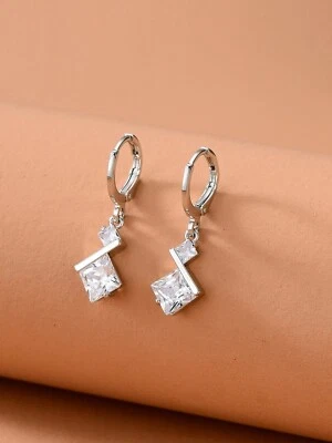 Women's Silver Metal White Cubic Zirconia Square Dangle Drop Decor Earrings Gift - Image 1 of 3