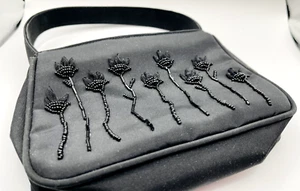 Vintage Black Beaded Clutch – Tulip Flower Design – Small Evening Purse - Picture 1 of 7